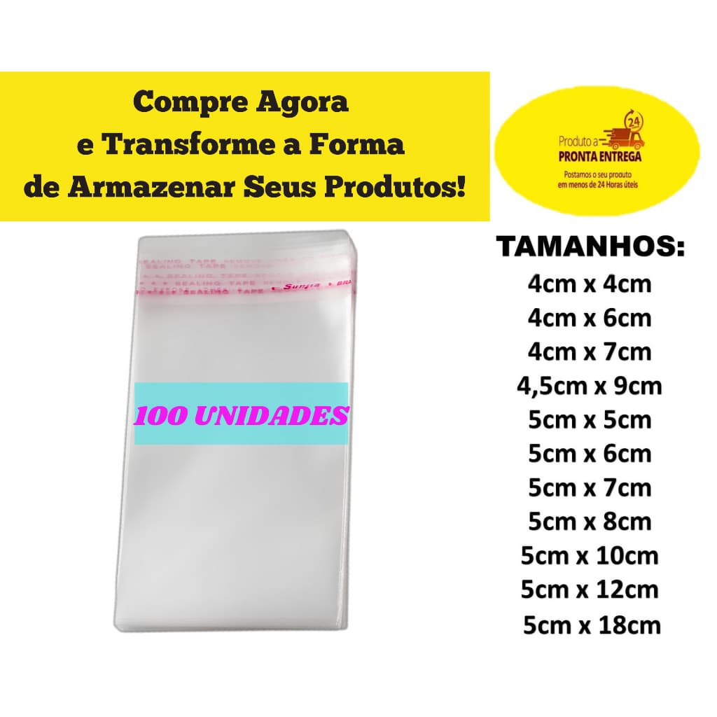 Saquinho Plástico transparente Sacola Adesivo Saco Adesivado  Diversos Tamanhos 100 Unidades