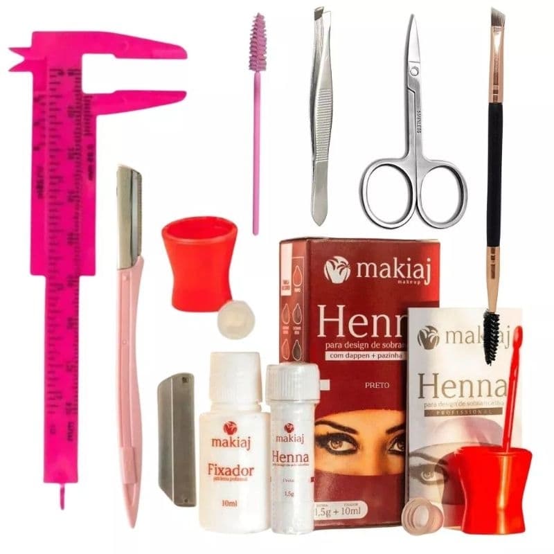 Kit Sobrancelha profissional Henna + Paquímetro + pincel ponta dupla + Tesourinha + pinça