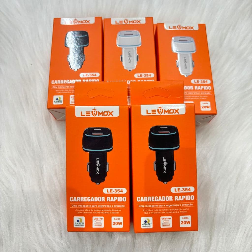 Kit 5 Carregador de celular para carro 20W Turbo de carregamento rápido interface USB + Tpye C carregador veicular