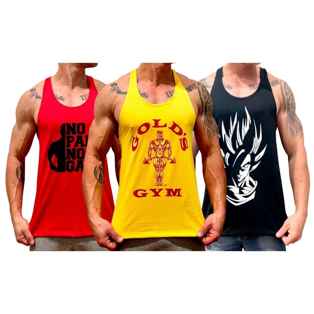 Kit 3 Regatas Academia Cavada Masculina Fitness Musculação Treino Cross Fit Estampadas Old School Tamanho P M G GG