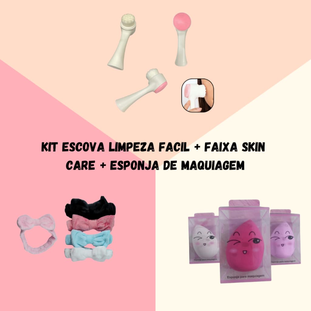 Escova Limpeza Facial 2 Em 1 Aparelho Massagem Cerdas Macias Limpeza De Cravos + Tiara Skin Care + Esponja Maquiagem