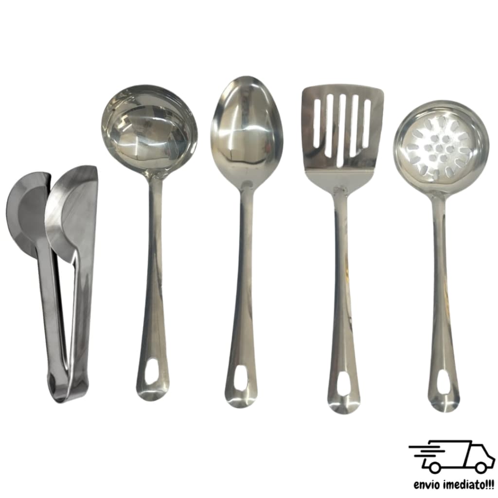 Colher de Arroz Espatula Escumadeira Concha Pegador 5 Peças INOX Cozinha Utensilios Comida
