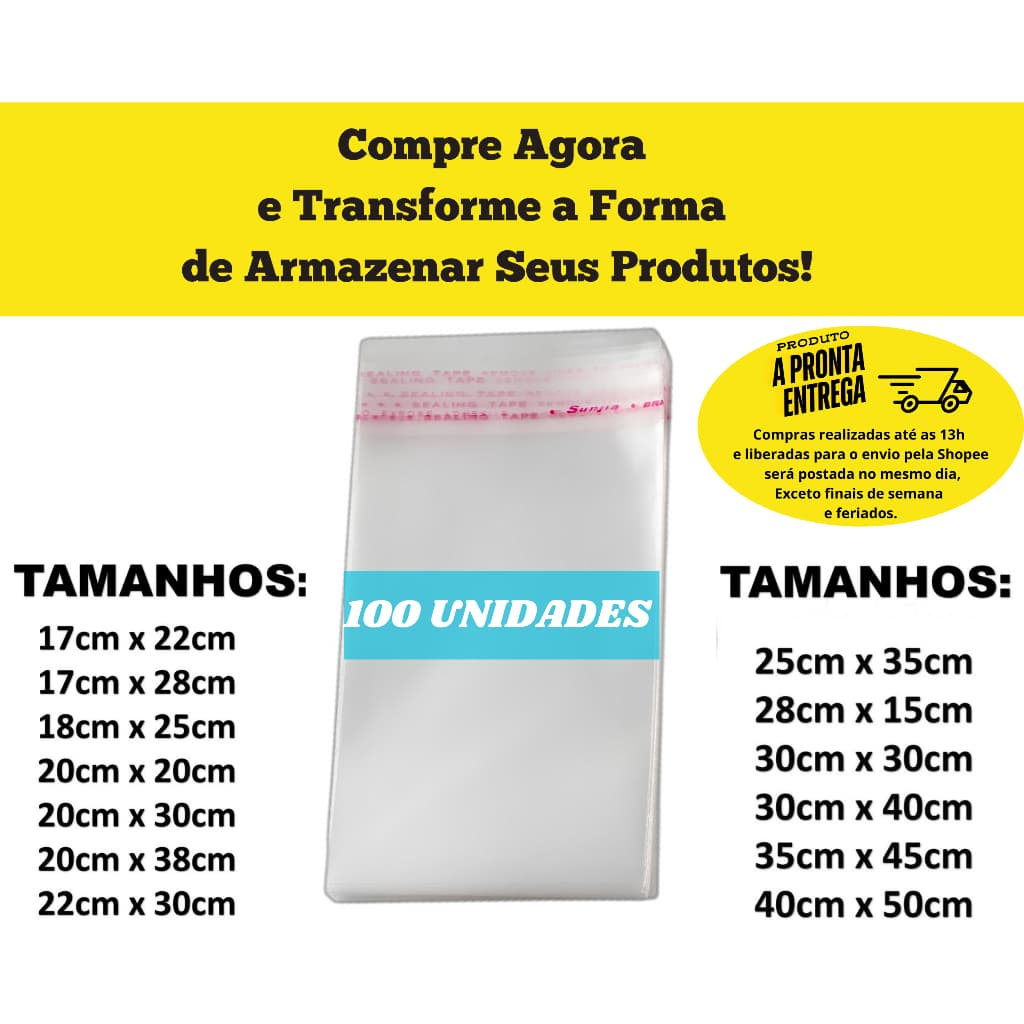 Saco Plástico Adesivado Transparente com Aba Colante Diversos Tamanhos Embalagem Com 100 Unidades