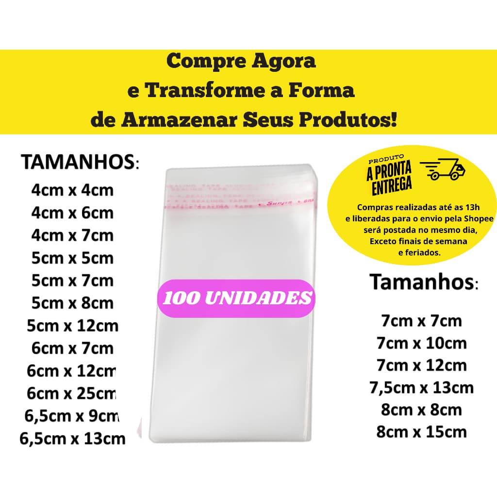 Saco Adesivado  Diversos Tamanhos Saquinho Plástico transparente Sacola Adesivo 100 Unidades