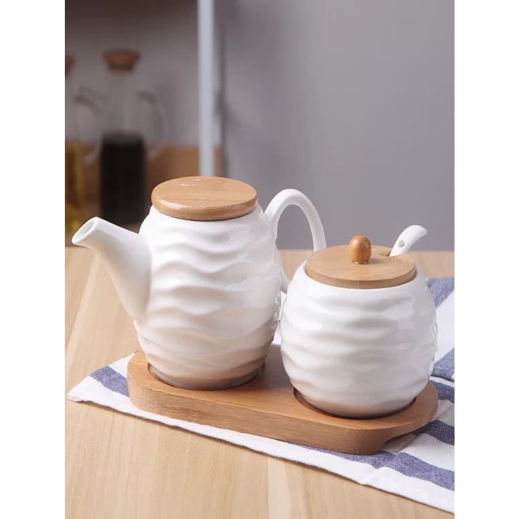 Kit Com 2 Peças Porta Mantemento em Cerâmica  com bandeja colher de bambu