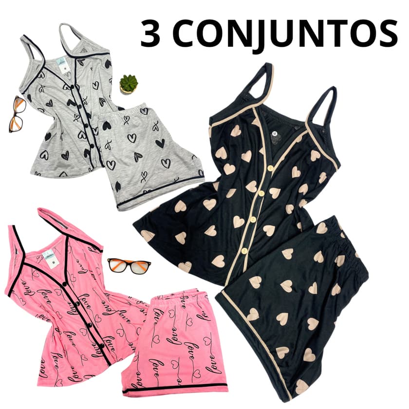 kit 3 Pijamas Feminino Alça Baby Doll Americano Com Botões que abrem Amamentação Blogueira Verão