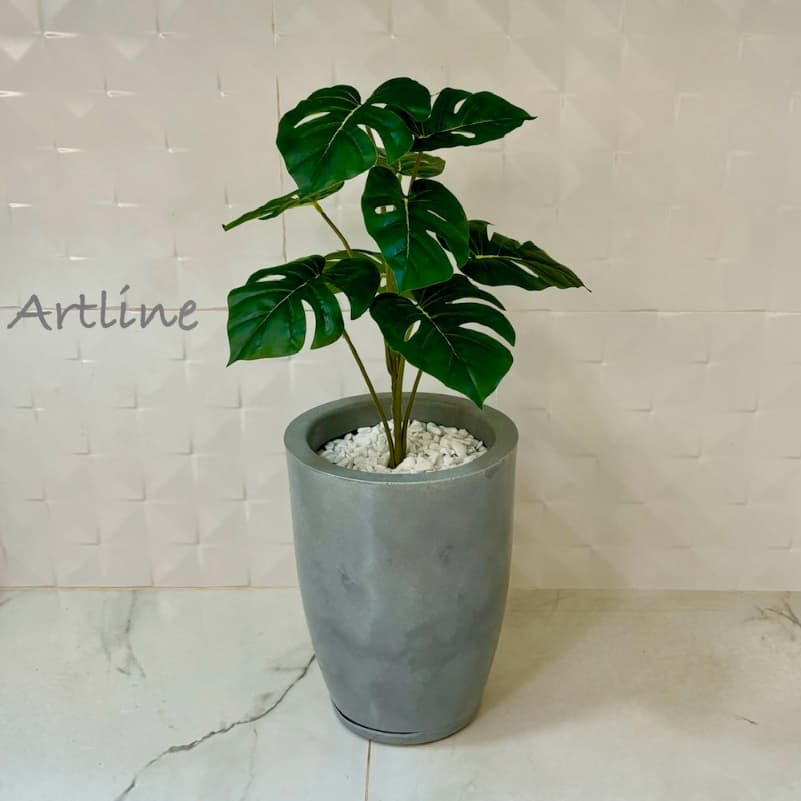 Planta Artificial Croton ou Costela de Adão com Vaso Decorativo Liso Marmorizado N°2(VASO+PLANTA+ARGILA+PEDRAS BRANCAS)