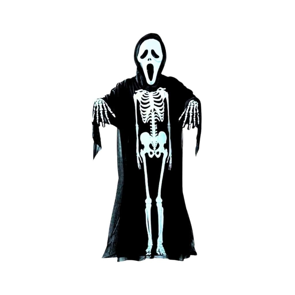 FANTASIA COMPLETA PANICO TERROR ESQUELETO HALLOWWEN ADULTA TUNICA MASCARA E LUVA
