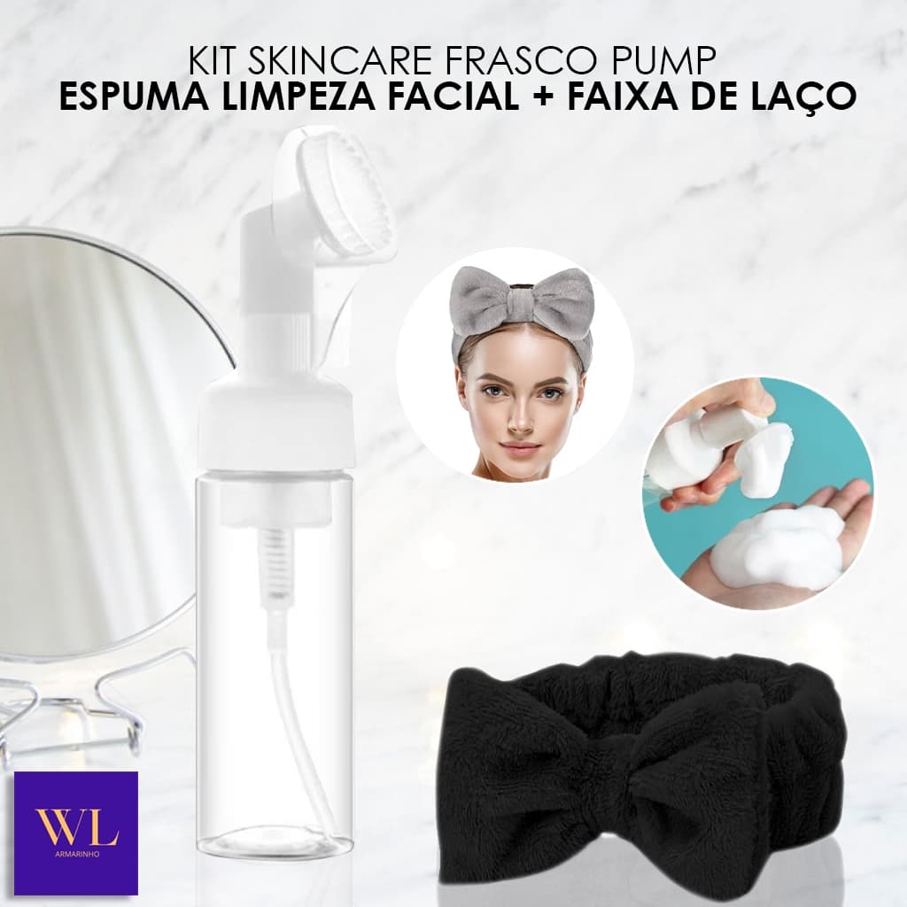 Kit 2 Frasco Pump Espumador Limpeza Facial 150ml Com Escova Silicone + Faixa Cabelo Makeup Flexível Skin Care - WL