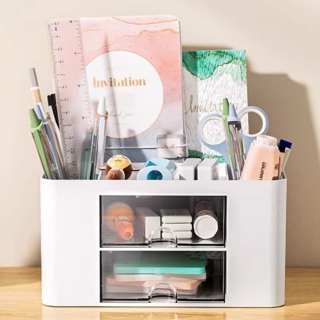Caixa De Armazenamento Organizador de Mesa com 2 Gavetas Porta Treco Caneta Maquiagem Escritório Papelaria Estudantil
