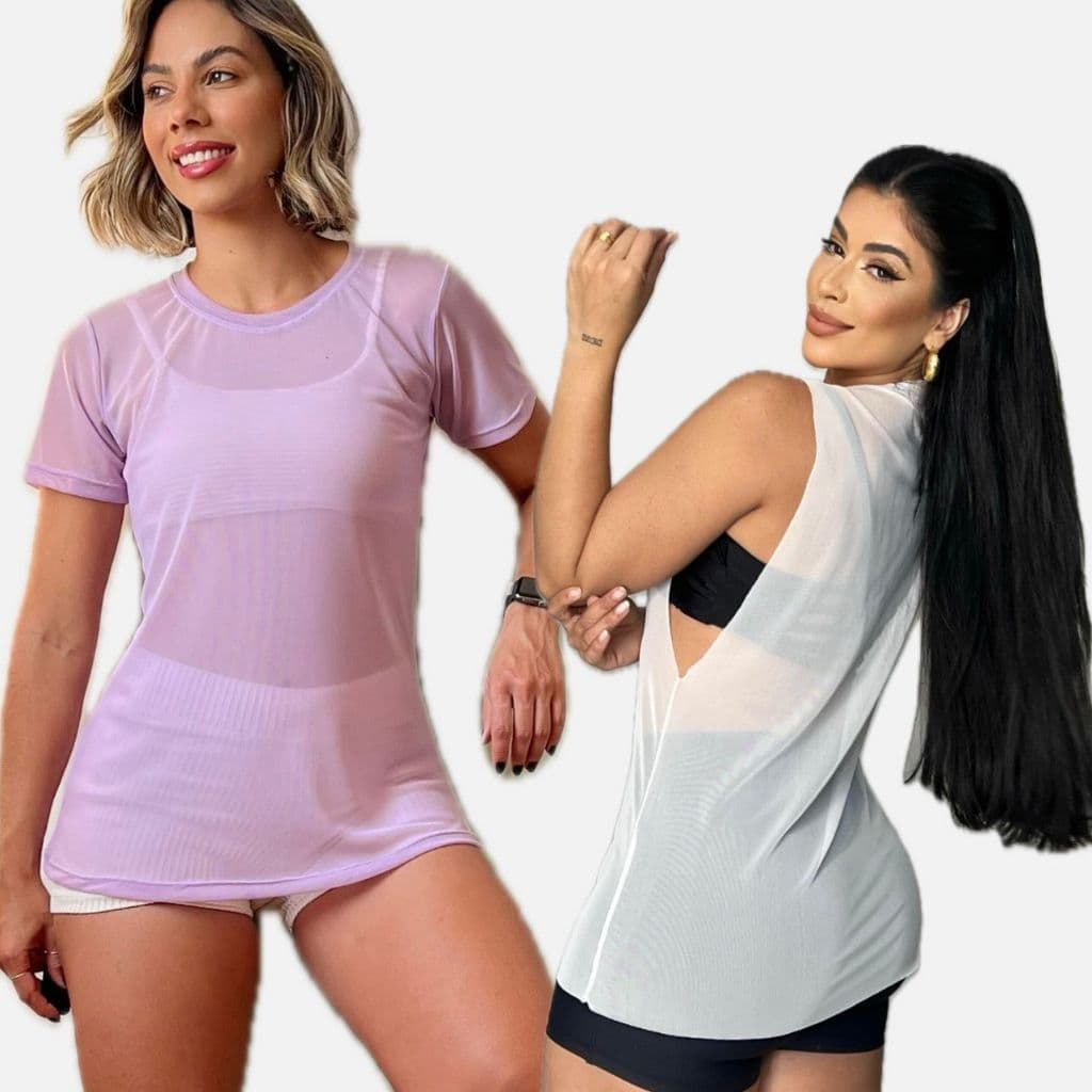 Kit com 2 pçs camisão e regata compridos roupa de academia, tule transparente fitness