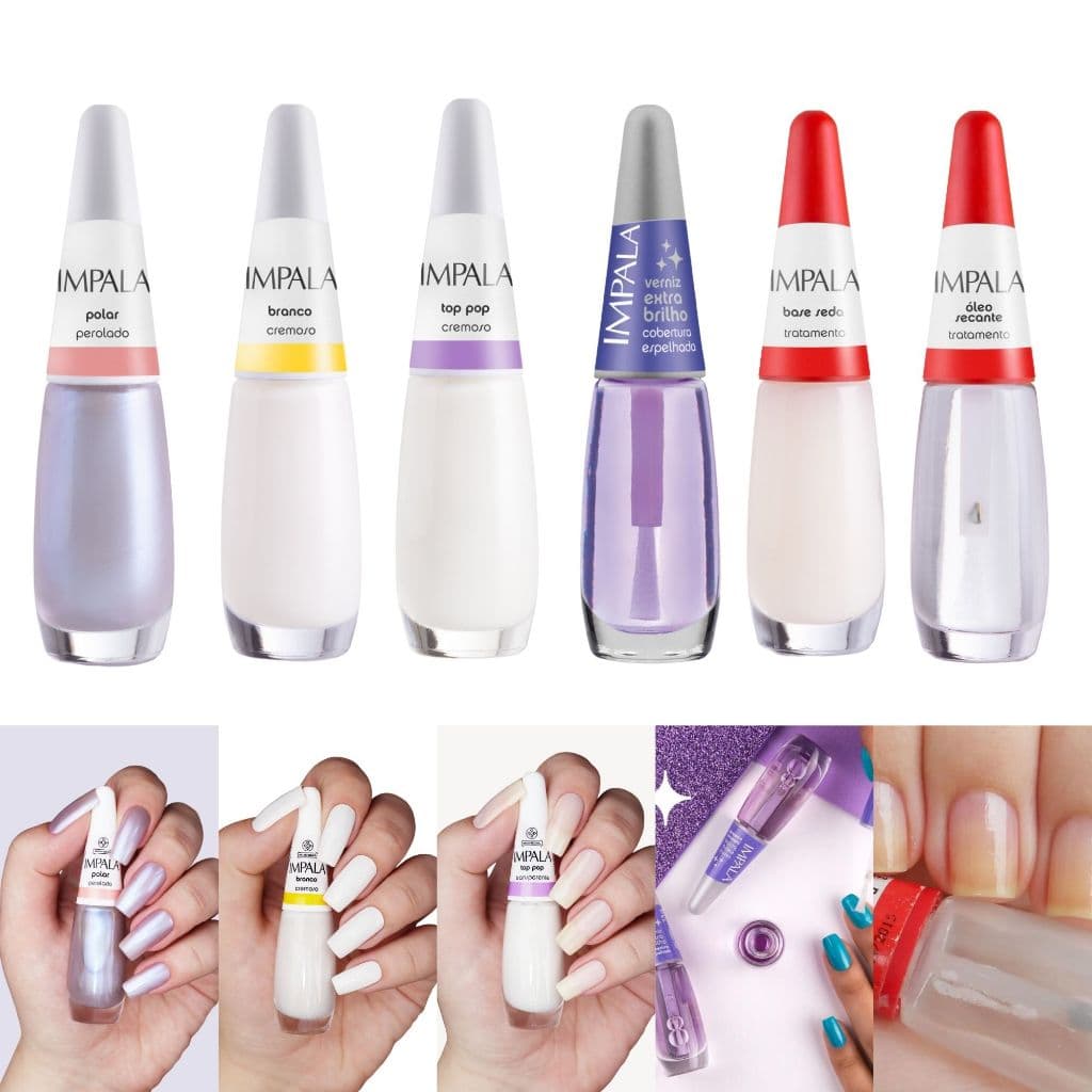Impala Kit Esmalte Branco Francesinha Base Extra Brilho Base Seda Secante Kit Manicure Completo