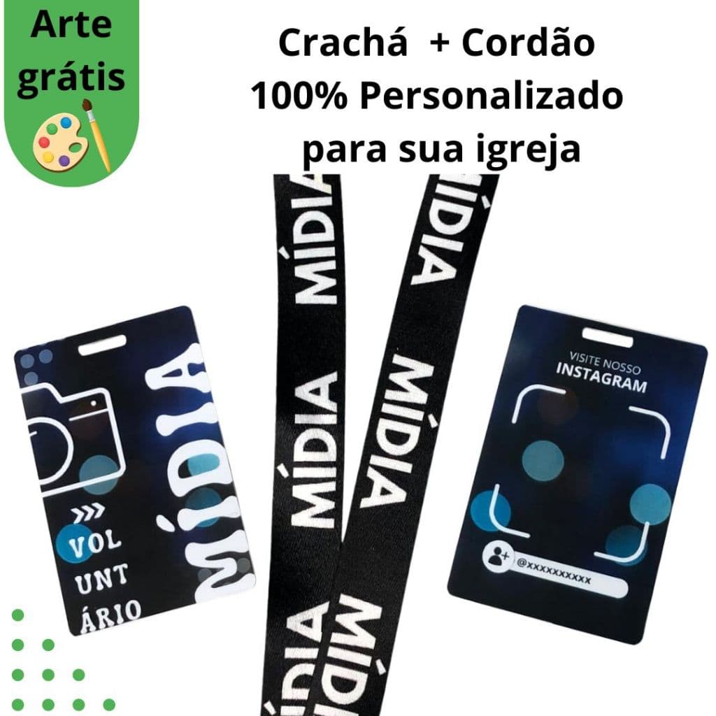 Crachá e cordão personalizado mídia para igreja, obreiro, ministério