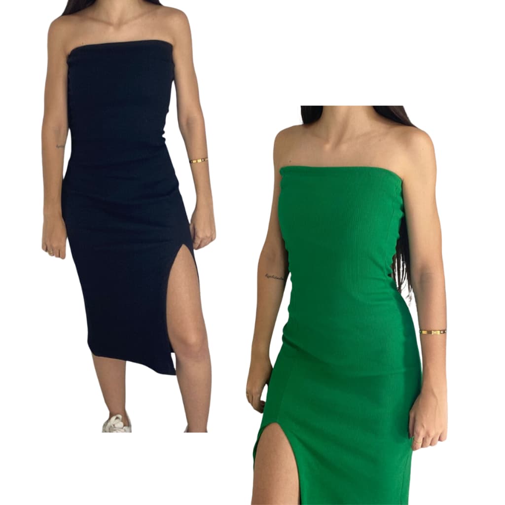 KIT 2 Vestido Canelado Tomara Que Caia Midi Tubinho Com Fenda Gringa Ribanna