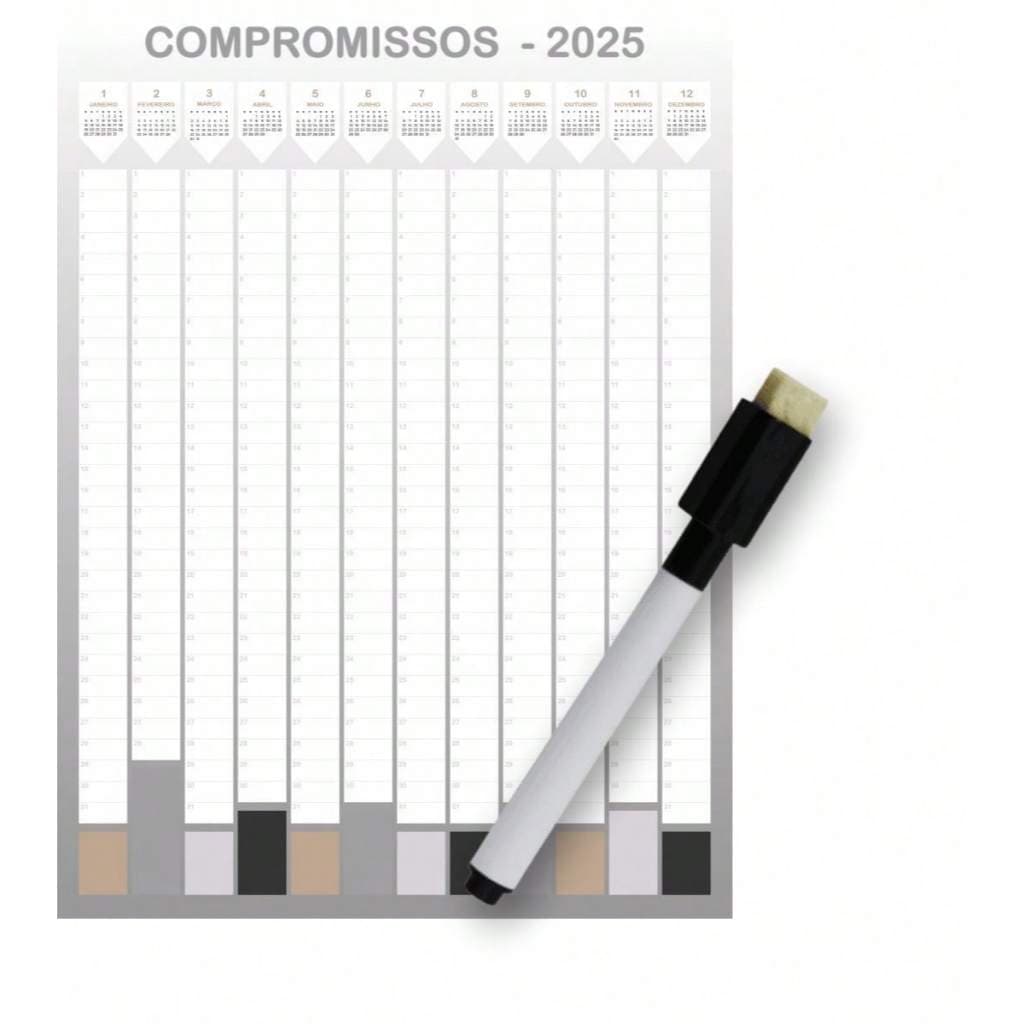 Calendário Anual 2025 CINZA Adesivo Compromissos + caneta - ideal para escritorios, escolas agendar