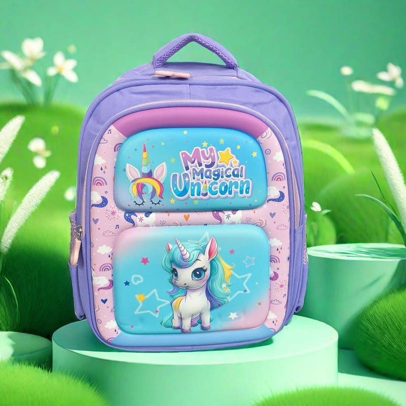 Mochila infantil multicolorida com vários bolsos e tema animal 3D