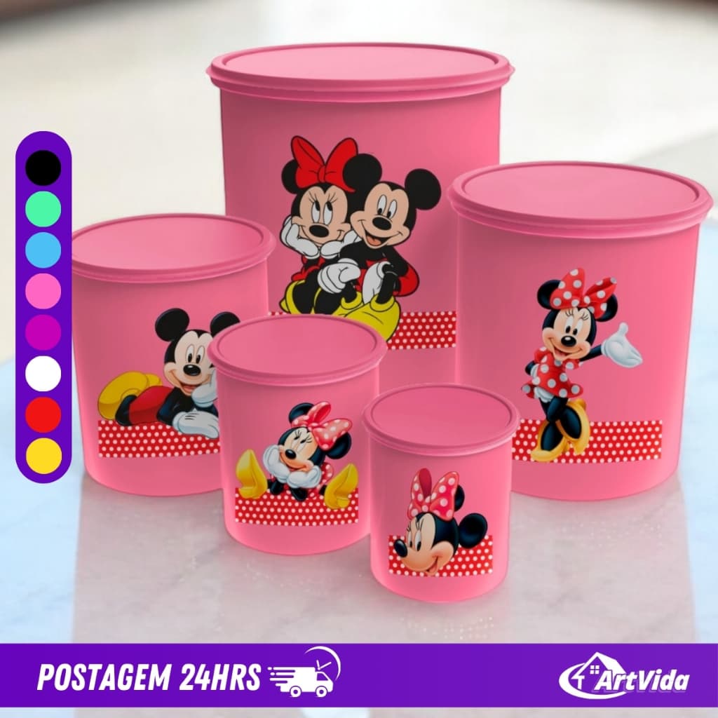 Jogo Kit Potes Mantimentos Decorado Mickey Minnie Disney - Feitos de Plástico Resistente