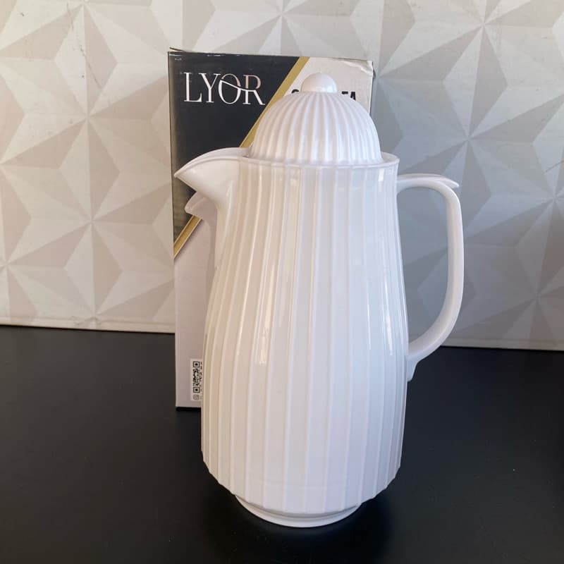 Garrafa térmica de café branca mini 400ml com tampa decorativa para cantinho do café - garrafinha termica chá e cafe com alça cozinha canelada lyor