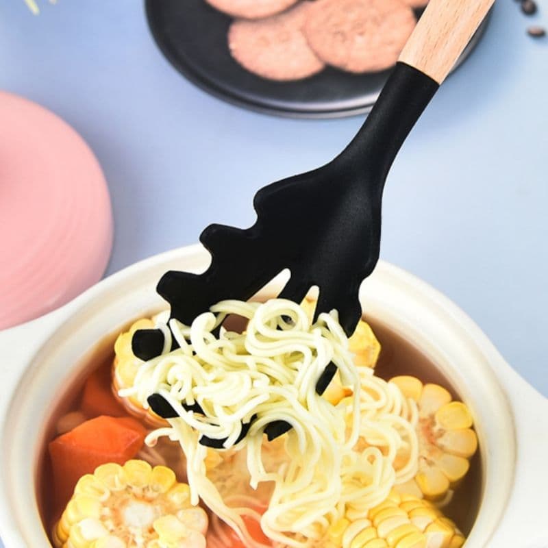 Kit C/12 Pçs Utensílios De Cozinha Colheres Espatula Silicone Cabo Madeira Decoração Promoção