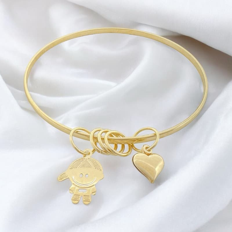 Bracelete com coração e filhos ou filhas 6,5cm liso banhado a ouro 18k