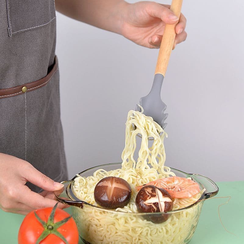 Cinzento Kit C/12 Pçs Utensílios De Cozinha Colheres Espatula Silicone Cabo Madeira Decoração Promoção