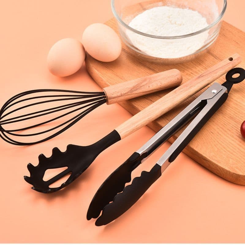 Kit C/12 Pçs Utensílios De Cozinha Colheres Espatula Silicone Cabo Madeira Decoração Promoção