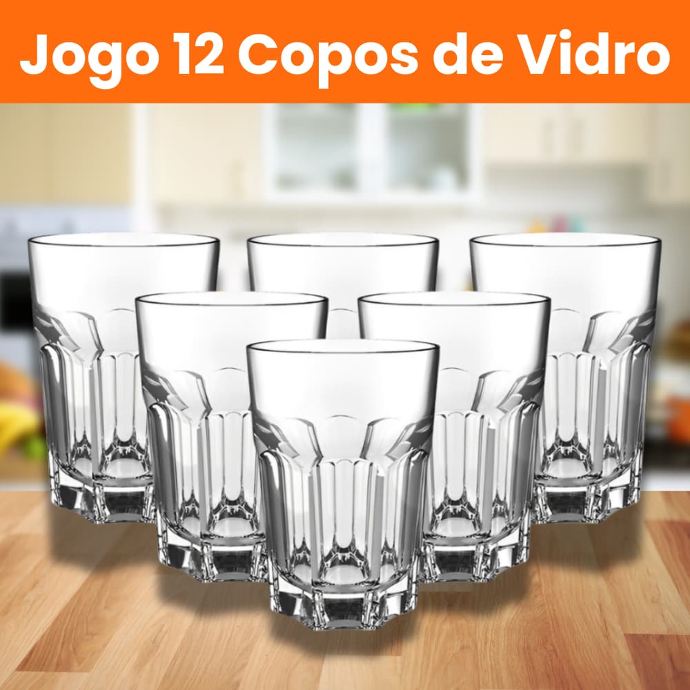 Kit Copos de Vidro Resistente 350 ml Para Vitaminas, Sucos e Refri - 12 unidades