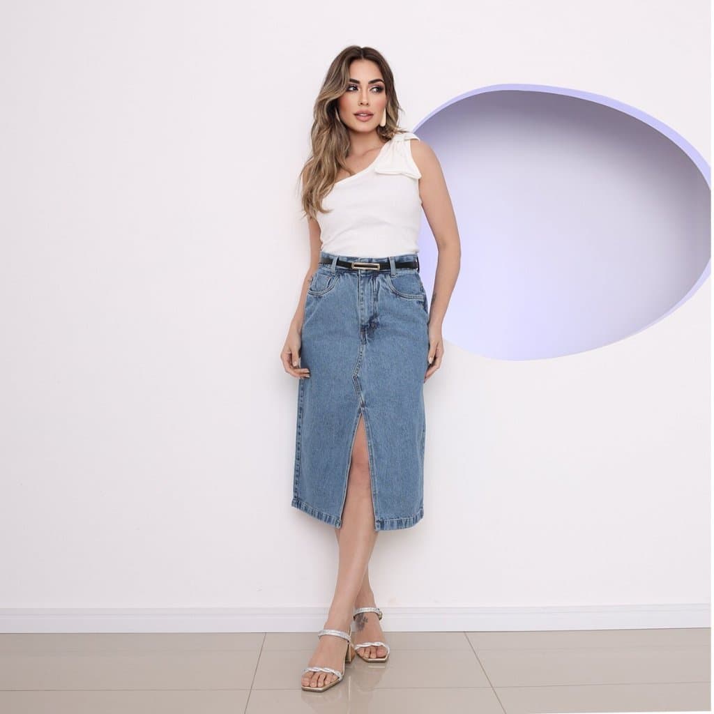 Saia jeans com fenda acompanha cinto feminino novo