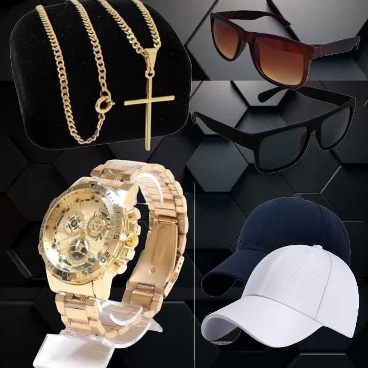 RELÓGIO AÇO INOX + ÓCULOS DE SOL MASCULINO + CORRENTE CRUZ DOURADA + BONÉ ABA CURVA LISO.