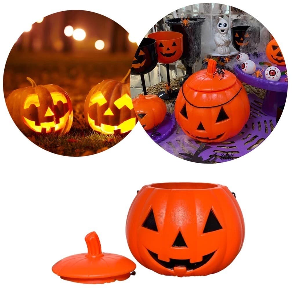 Abóbora de Plástico Com Tampa e Alça Halloween Decoração Halloween Porta Doces Ou Travessuras