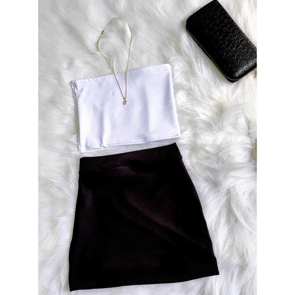 CONJUNTO SAIA TOP CROPPED FEMININO TOMARA QUE CAIA SAIA CURTA SUPLEX CORES