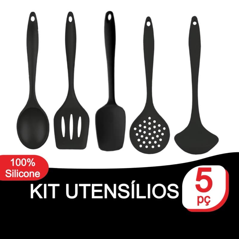 Kit Utensílios de Silicone Para Cozinha Preto 5 Peças Promoção