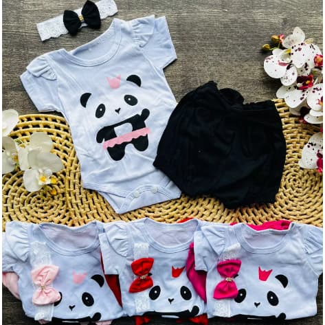Kit Body + Shorts + Faixa para Bebes / Diversas Cores Tamanho Único / Body Panda