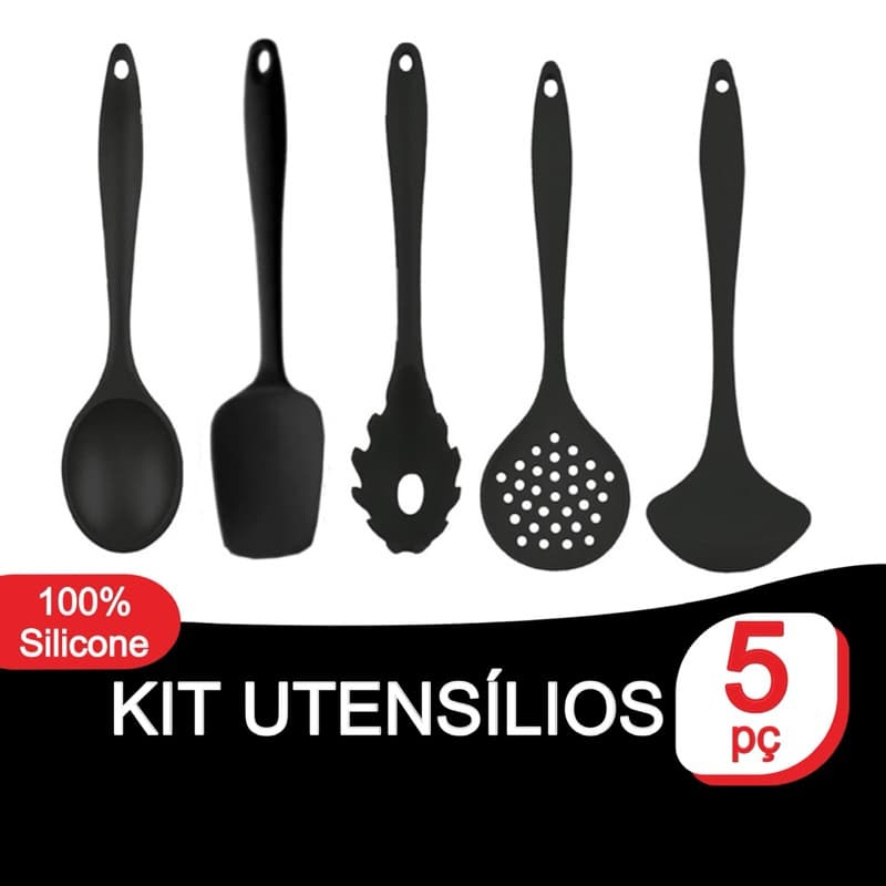 Kit Utensílios Silicone Para Cozinha 5 Peças Vermelho ou Preto Promoção