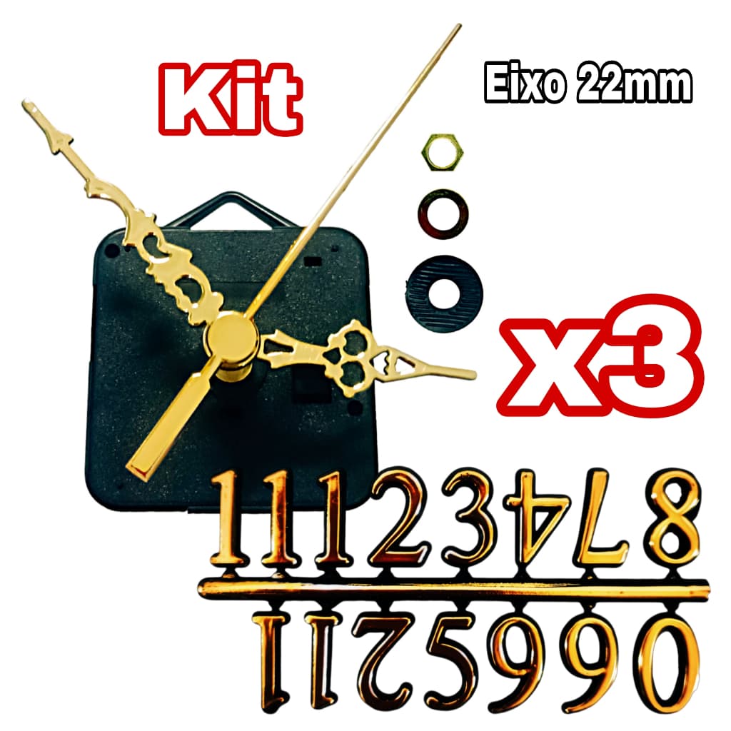 Kit 3 Máquina P/ Fazer Relógio De Parede Quartz 22mm Eixo Longo + Números Dourados