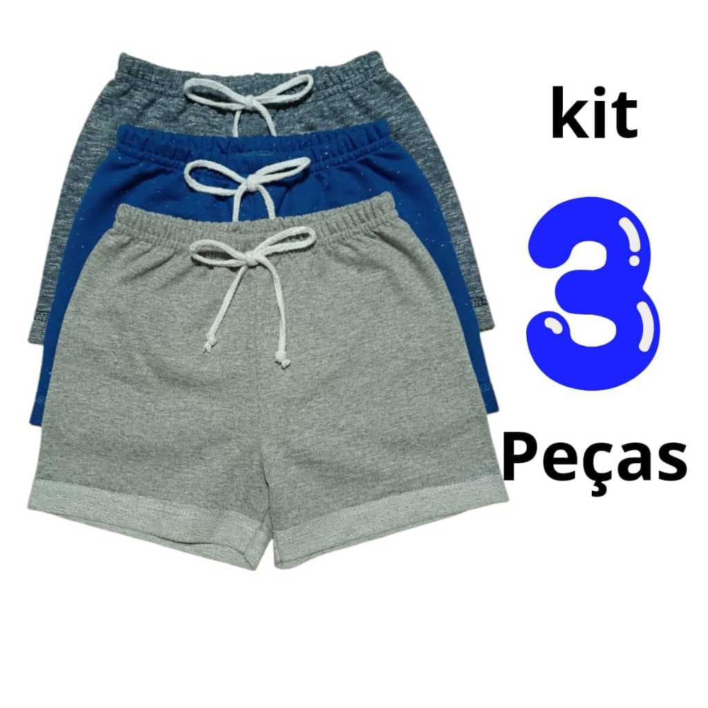 Kit 3 Shorts Bermuda Básico Moletinho Menino Tamanho M a 6 Anos