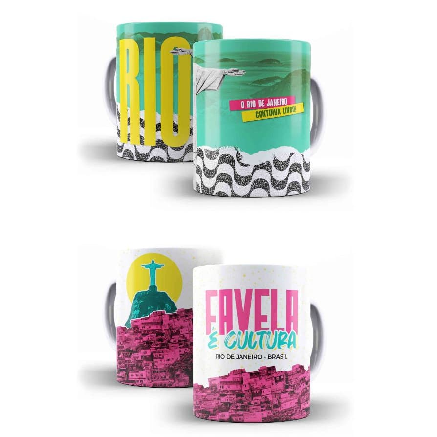 Kit 02 Canecas Porcelana Rio de Janeiro O Rio Continua Lindo + Favela É Cultura