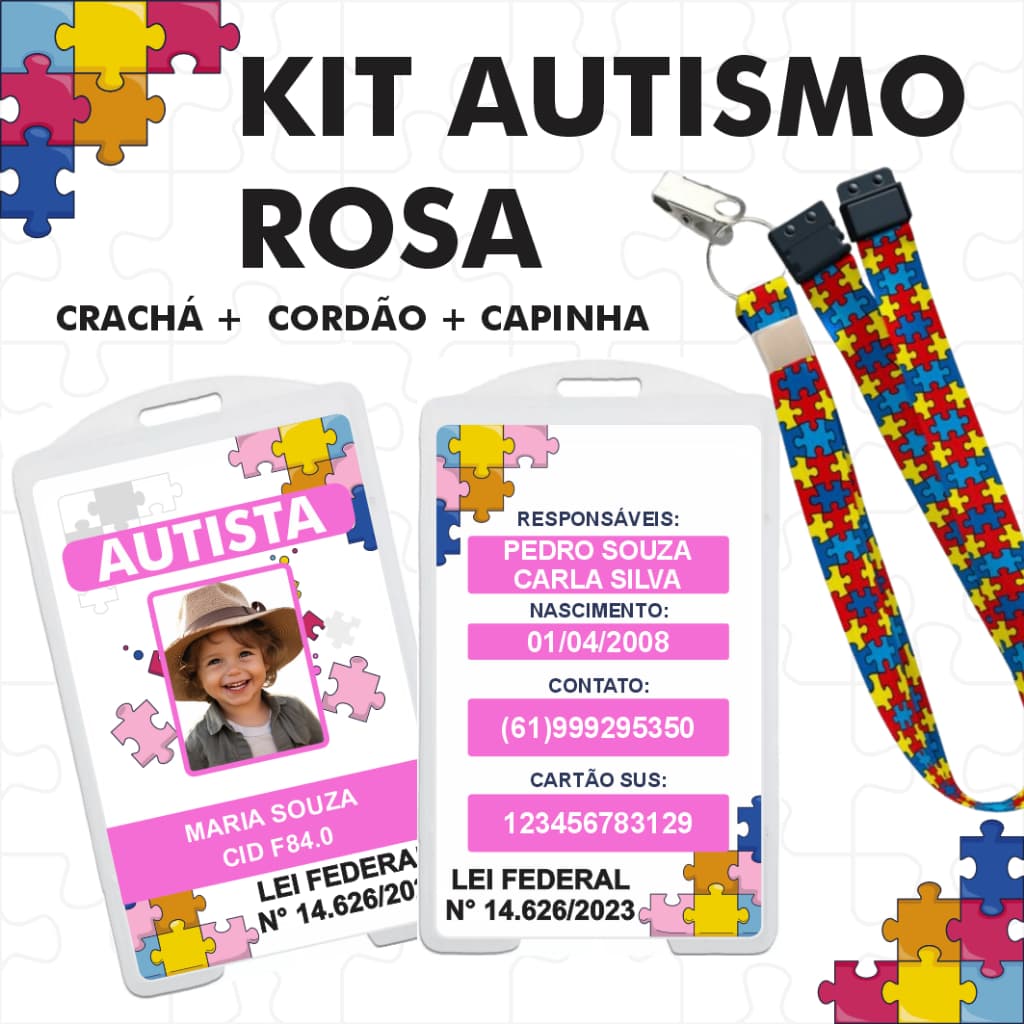 Crachá Autismo Rosa + Cordão Quebra Cabeça autista alta qualidade + capinha protetora transparente porta cracha