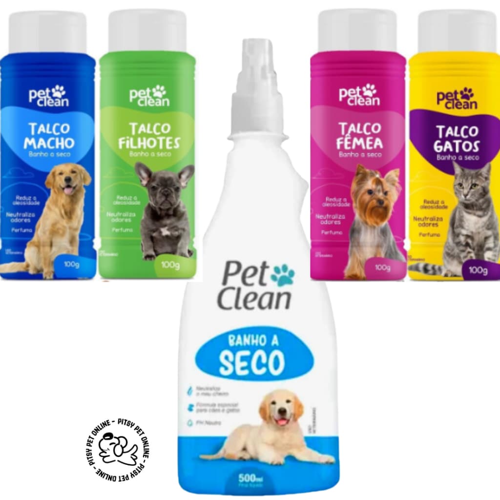Kit Banho a Seco para Cachorro e Gato 500ml Pet Clean + Talco para Cães e Gatos 100g Pet Clean