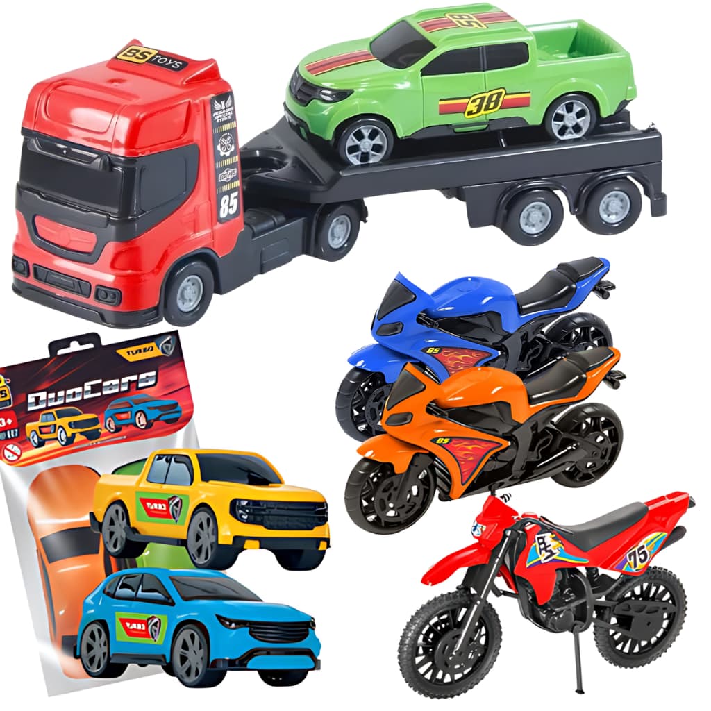 Kit Carrinhos Para Menino Caminhão Mini Reboque Moto Trilha 3 Carrinhos Moto 1000 Atacado Criança