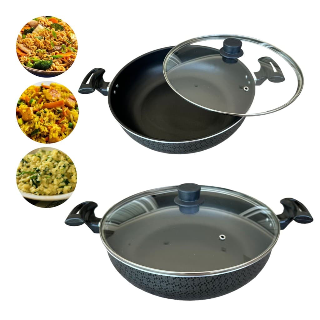 Frigideira Tampa Vidro 30cm Grande Wok  Panela Antiaderente Funda  Desenhada Aluminio Carne Yakisoba
