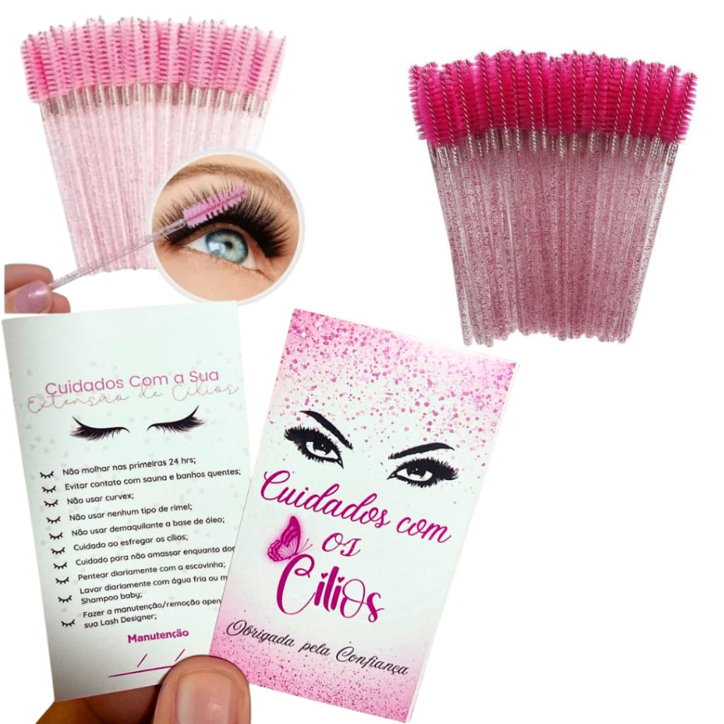 kit 100 escovinhas com glitter Extensão de Cílios + 100 Cartão de cuidados Extensão de Cílios