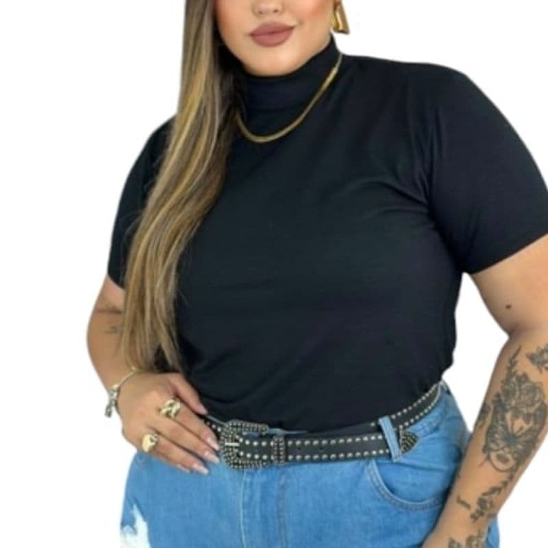 Blusa Camiseta Feminina Plus Size  Lisa Gola Alta T-shirt Algodão Premium Basica