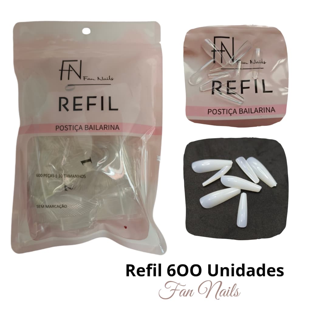 Refil Gigante - 600 Unhas Postiça Bailarina Realista FAN NAILS Alongamento Unha Gel