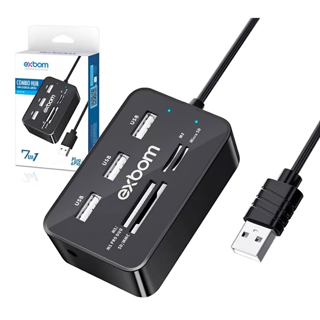 HUB com leitor de Cartão USB 2.0 Exbom 7 em 1 Plug & Play