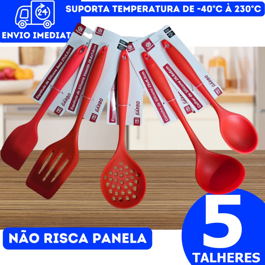 Kit 5 Utensílios De Cozinha Em Silicone Maciço Espátula Colher Concha Alta Temperatura Jogo Confeitaria Barato