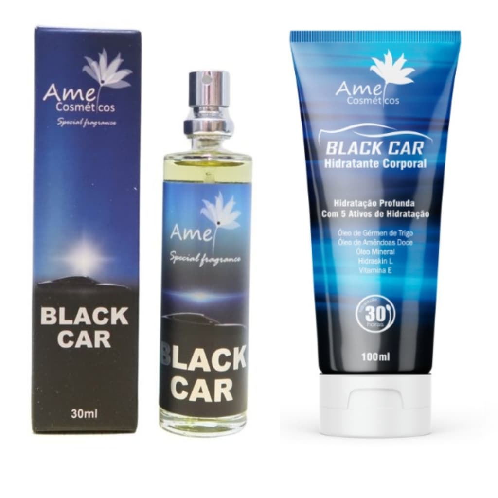 Kit Perfume 30ml e Hidratante 100ml Masculino Black Car Amei Cosméticos Alta Fixação 33% de Essência Importada