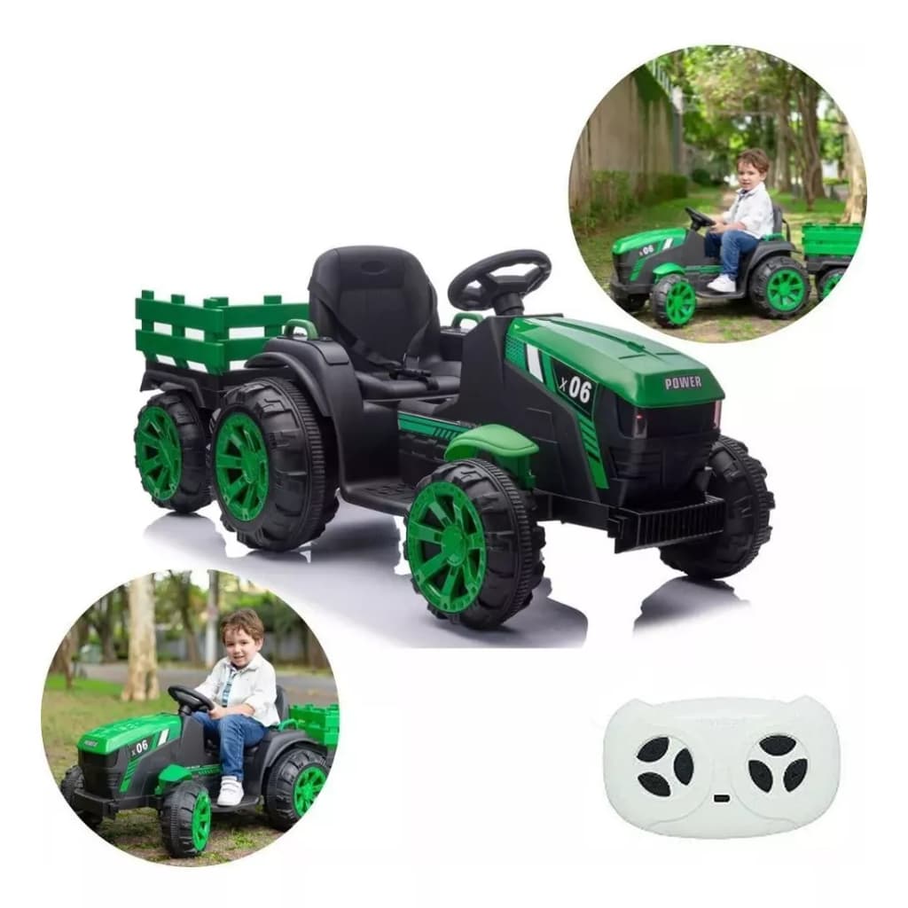 Trator Elétrico Infantil 12V Carrinho Carro Motorizado com Caçamba Reboque MP3 USB Recarregável
