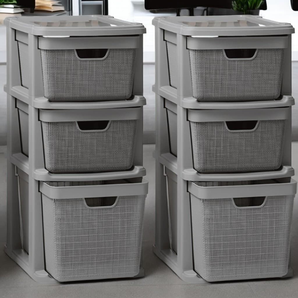 Gaveteiro Organizador Grande de Chão 15 Litros com 3 Gavetas em Plástico Juta Kit com 2 Unidades Cinza Multiuso Casa