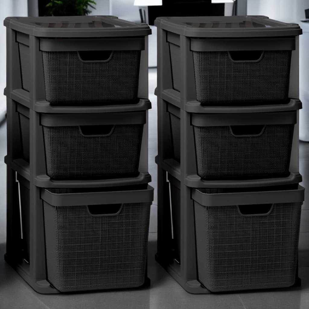 Gaveteiro Organizador Grande de Chão 15 Litros com 3 Gavetas em Plástico Juta Kit com 2 Unidades Preto